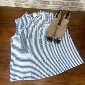 Jones New York White and Blue Sleeveless Blouse with Mandarin Collar size 3X